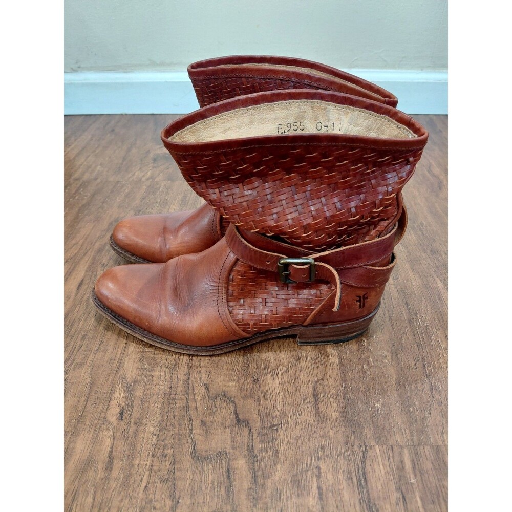 FRYE Dorado Woven Strap Tan Leather Boots Bootie Shoes Womens 8M Spain
